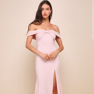 LULU'S Elegant Perception Light Pink Off-the-Shoulder Bow Maxi Dress.